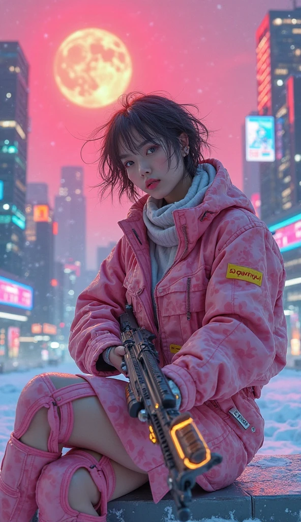 (masterpiece, best quality, beauty, best ratio, best shadows,best Illustration, wallpaper size,1080×2400 pixels,detailed face,pastel colors, futuristic theme) 
uhd, korean beautiful female, full posture fully visible, shining blue eyes, windblown short hair, wear dominant pink camo colour and yellow strip full  armory leather, pink high heel ice skates, hand holding futuristic neon rifle emits gold energy, sitting on a bench in front of a futuristic city with many colorfull glass houses. outer space, big neon billboard, big red  moon seen on far away. use the RenderMan renderer.digital art.High definition, high contrast, high color saturation ,128k,cinematic lighting, intricate,cinematic advertising photograph,cinema lens,high res.
