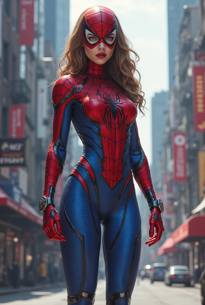 A girl,Female Spider-Man,Beautiful face,blond,Blue Eyes,Lively expressions,A charming smile。Red tights mesh pattern,Rooftop,Skyscraper Rooftop Terminal Jump,Full figure,huge breasts, huge ass, With bare legs,,sexy uniform, Light and shadow effects,Fine image quality,excellent work,8K
