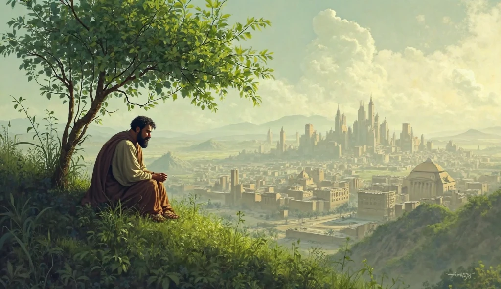 Jonah sitting on a hill overlooking Nineveh, sulking under the plant. The next morning, the plant withers.