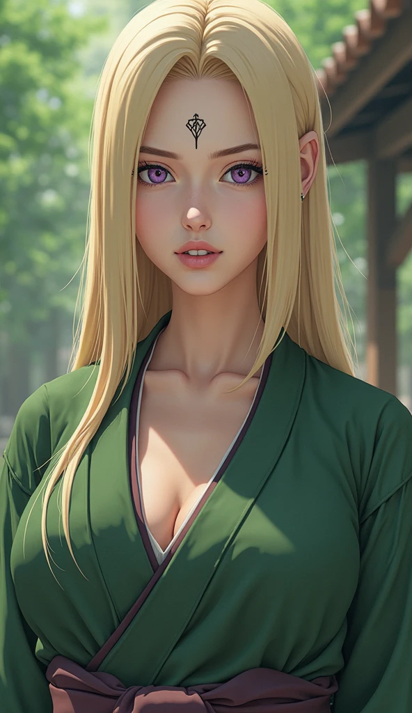 Real life adaption of this character, adult beauty face,looking to viewer,realistic same blonde hair ,realistic jungle with many grass background, hyper realistic, realistic light, realistic shadow, realism,(photorealistic:1.2), (realistic same outfit),big breast
