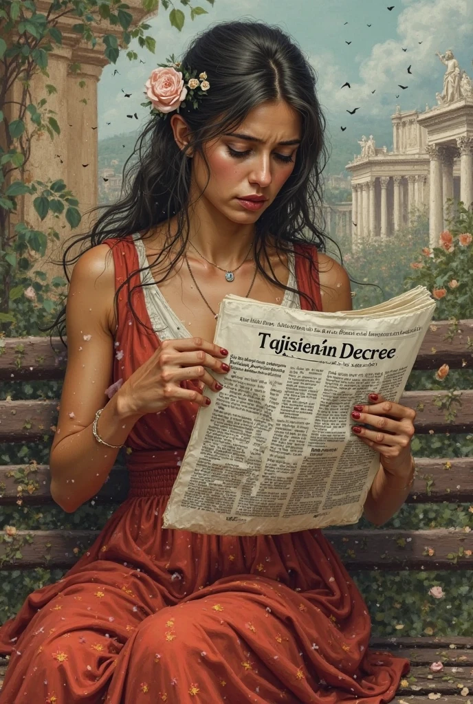 a graphic representation of Italy, feminine allegory Italia Turrita crying in distress, heartbroken, Sitting on a bench with the Altar of the Fatherland in Rome behind, is reading the official gazette that says "Tajani Citizenship Decree".