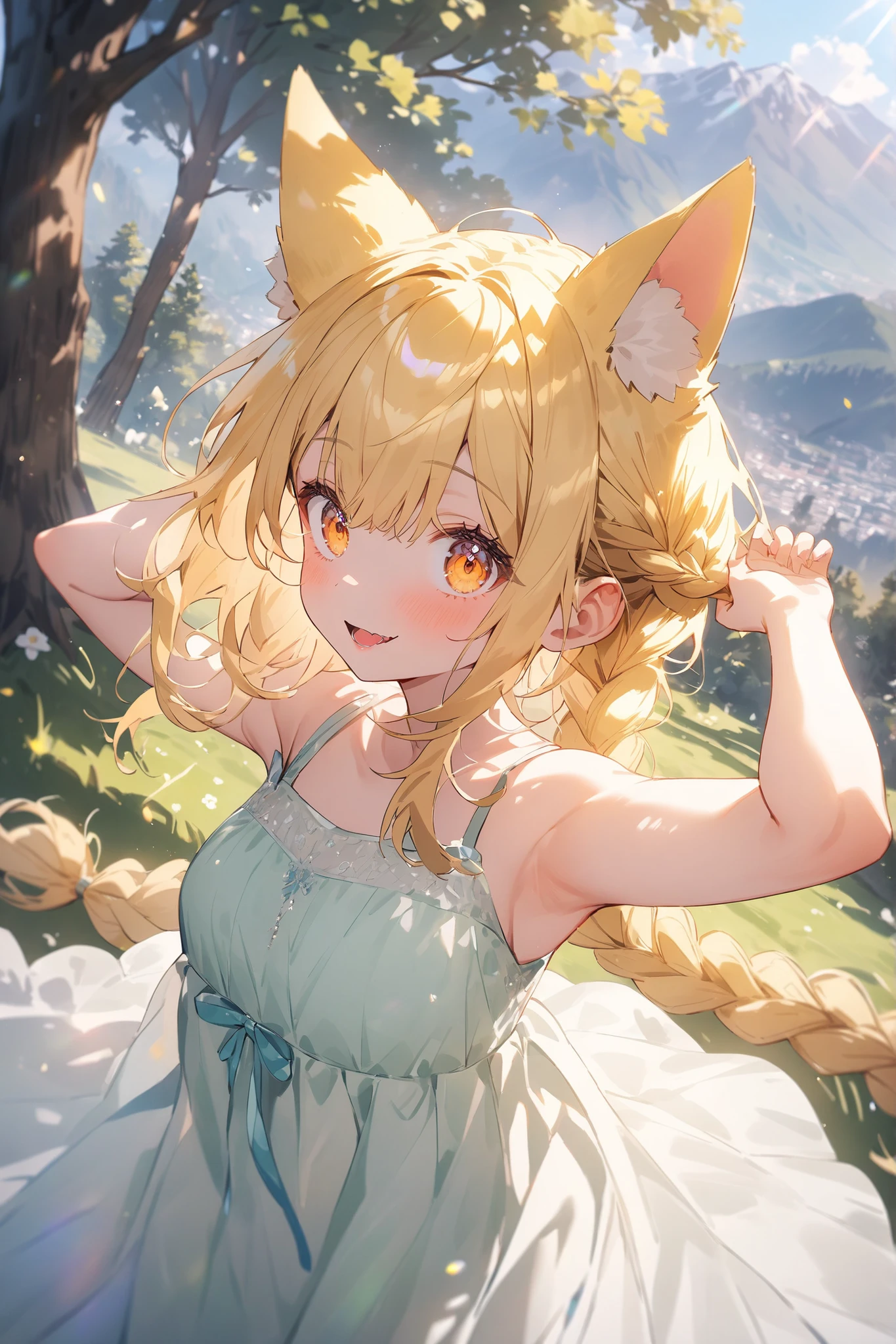 (masterpiece, best quality, very aesthetic, absurdres, general), 1 girl, cat ear, long ponytail, cute, kawaii, blunt bangs,focus on the face, fisheye, particles of light,knee shot shot,medium breasts,destroy ,Grassland,smaller breasts,
Pose that emphasizes the chest