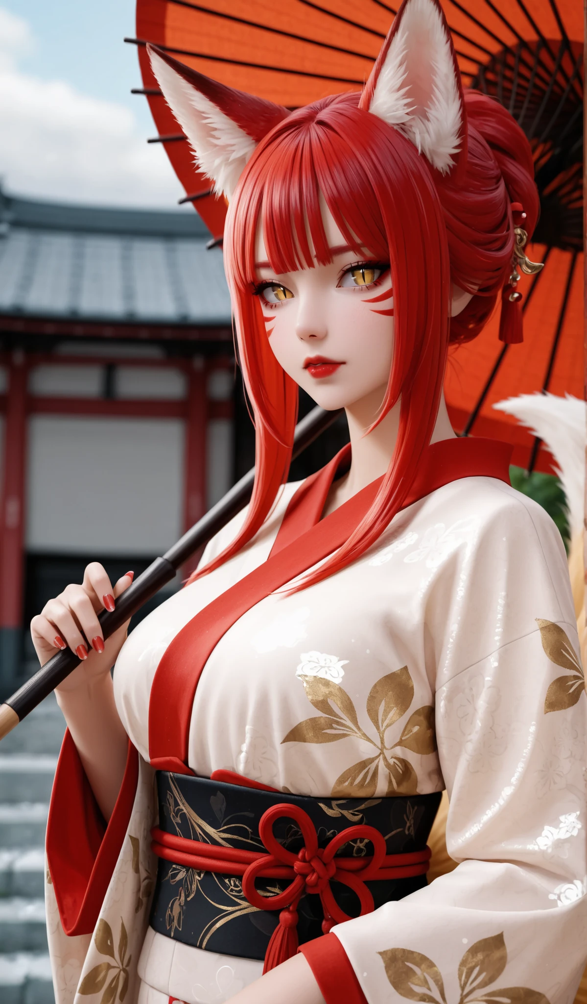 masterpiece,best quality,amazing quality,very aesthetic,absurdres BREAK 1girl,solo,animal ears,fox ears,tail,umbrella,facial mark,fox tail,oil-paper umbrella,japanese clothes,red hair, long hair, long sidelocks, looking at viewer,kimono,red lips,nail polish,holding umbrella,upper body,slit pupils,fox girl,golden eyes,outdoors,multiple tails,bangs,short hair,