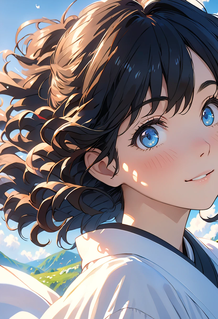black hair, anime, Ghibli, anime style, close-up, from the side, first person view, 8k, SUPER DETAILS, masterpiece,SUPER DETAILS, High Quality, high resolution, High detail, white background,  facial details ,  happy, curly hair, blue eyes