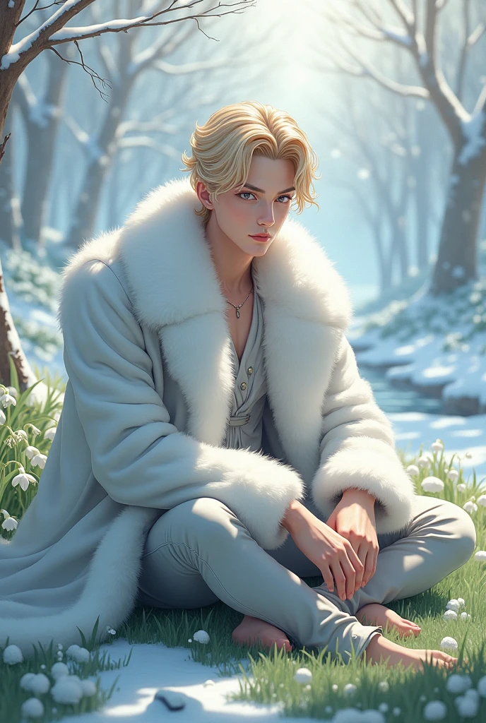 anime man, manhwa drawing, blonde, grey eyes, elegant hairstyle, detailed hair, medium-lenght hair, in fluffy white fur coat, sitting on grass under snow, snowdrops, creak, grass,  feet, white top