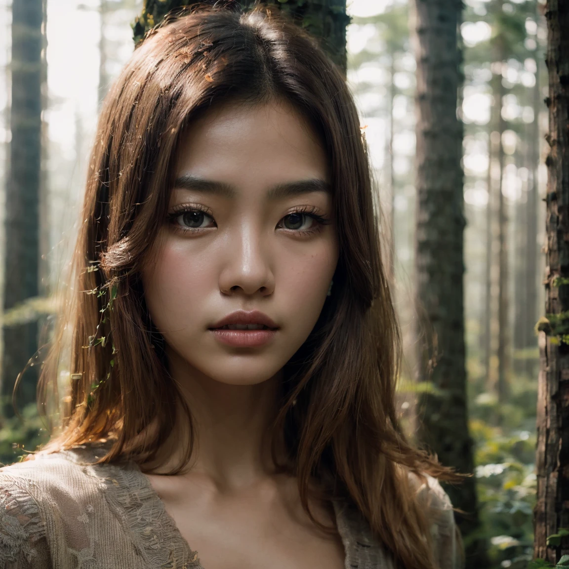 muted color, upper body, portrait of beautiful Korean women, forest, looking over spruce forest, moody portrait, striking features, beauty, intricate details, dramatic composition, tension, Blonde wide hair, Hazel eyes, contrast, texture, realism, high-quality rendering, stunning art, high quality, film grain, Fujifilm XT3, detailed skin, (freckled,acne:0.6)