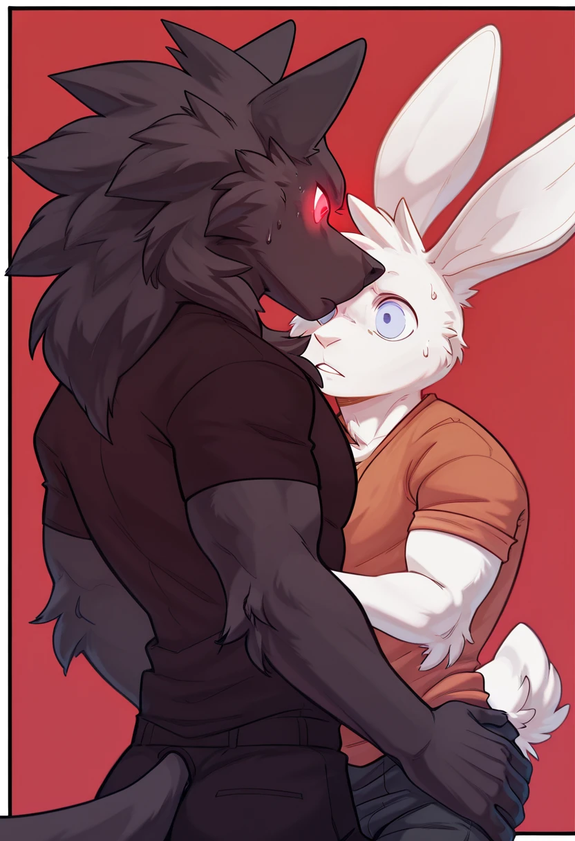 An anthropomorphic male wolf with black fur and red eyes in the back of a gay nightclub with a smaller anthropomorphic male rabbit with green eyes