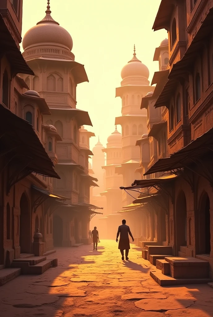 An old Indian city during the Mughal era, early morning atmosphere, narrow streets with domed buildings and wooden shopfronts. The setting feels timeless and peaceful, with warm sunlight casting soft shadows. A gentle breeze lifts dust in the air. The scene suggests the beginning of an old story. Semi-realistic digital painting, warm earthy tones, no characters."