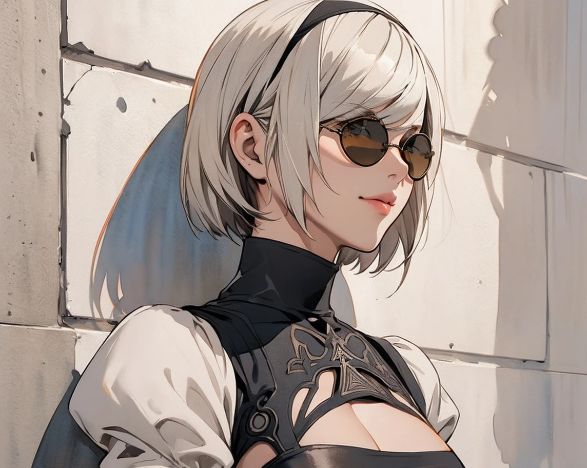 {(masterpiece,best quality, 16K illustration, UHD, extremely detailed the work, detailed beautiful face and eyes and skin and hair)} 
BREAK {erotic face,looking away,enchanting smile,profile}
BREAK {solo, (2B of Nier Automa:1.4)), (slender body,small breasts),(lightbrown_lightwhite colored hair:1.4, short cut hair), (medium mouth:1.2),(narrow and sharp eyes:1.4,blue-glay eyes,sparkling eyes:1.1) 
BREAK {(Nier_Automata_2B costume:1.2),(cleavage between breasts:1.2),(black hairband:1.4),(pitch-black colored small diameter-round-retor-sunglasses:1.4),(hand on sunglasses:1.4)} 
BREAK {(Part of the stucco wall is brick:1.2),(cast a shadow on the wall:1.2)} 
BREAK,{(anime illustration style:1),(watercolor image:1.2),(sketch drawing),overall dark color}