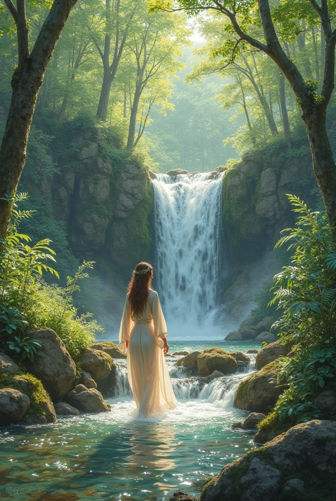 Springtime in forest, waterfall, stones, walking woman 
