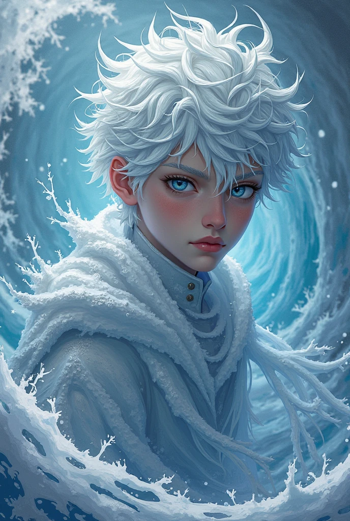 ice boy character in the style of wuthering wave. white hairs and ice cold eyes
