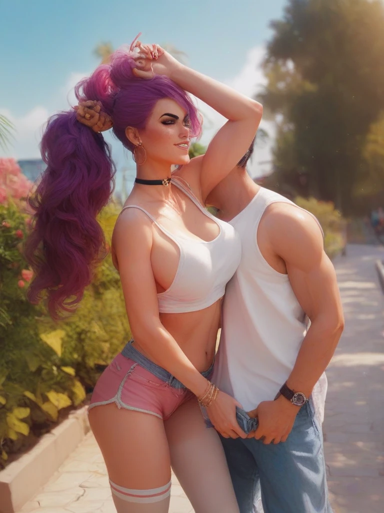 azarar, tattoo on the arms, azarar, Beautiful blue long braids, olhos simetricos azuis, perfeitos, mini saia branco, top branco,(( hugging handsome man, cabelo loiro, Camisa Preta )) homem tocando nela, polpa da bunda como se a saia tivesse subindo