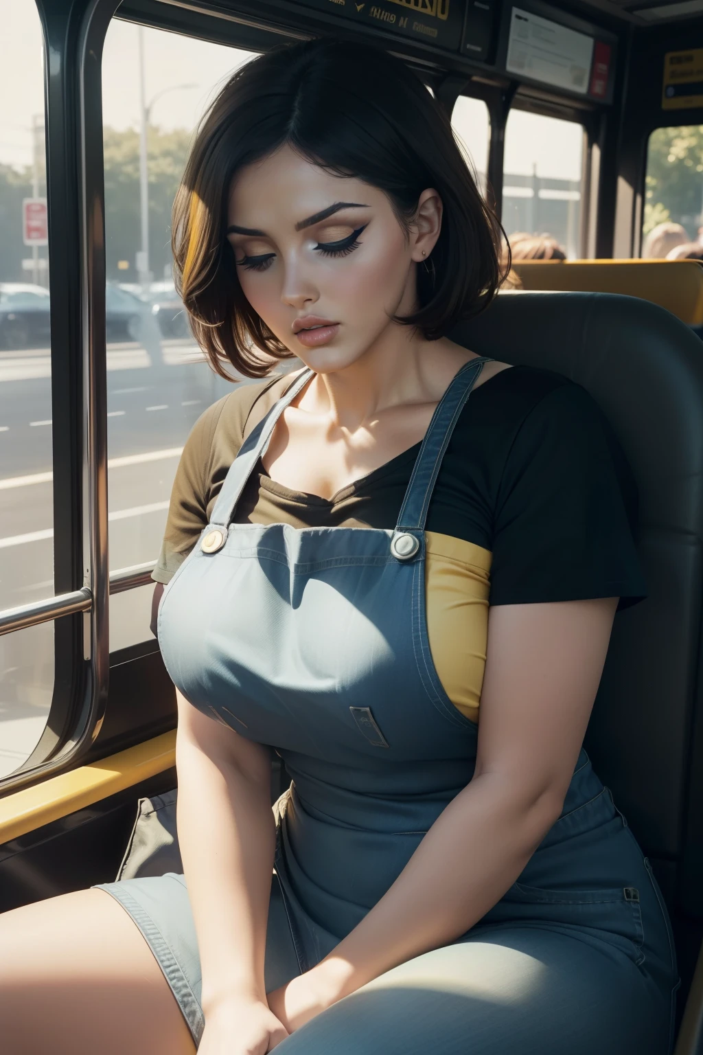 sitting on a bus, eyes closed, mouth open, cleavage, sleeping, sweating, Lucy Pinder, ((Very intense makeup)), voluptuous woman, lace, short hair, blue hair, crop top, white crop top, black shorts, tie black, pantyhose, gloves, hat
