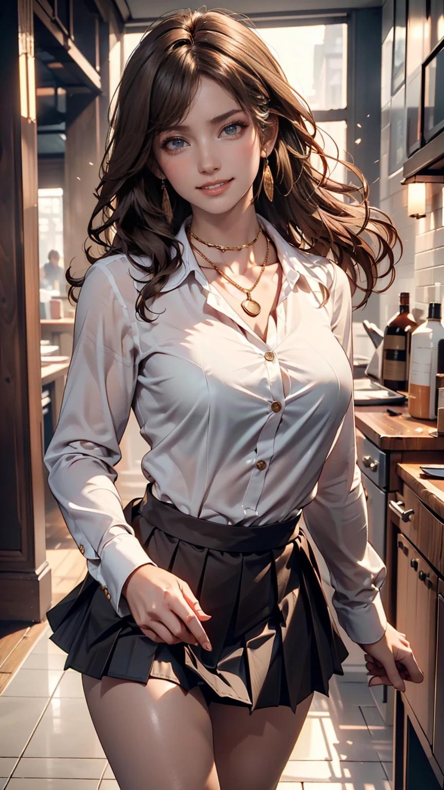 masterpiece, top quality, Photorealistic, ultra detail, Precise Details, high resolution,  8k Wallpaper, 1 beautiful woman,, light brown disheveled hair, business suits, sharp concentration, perfect dynamic composition, beautiful detailed eyes, detailed hair, exquisite realistic skin texture, smile, close-up portrait,  model body type with exposed chiku 、((very long brown hair:1.2))、(( loose wavy hair :1.2)),((はにかんだsmile:1.3)),((gold necklace＿big earrings that make you laugh:1.2)), full body shot 、(((Full-body supermodel standing,  full body shot ,   show my whole body ))),((White Long Sleeve Button Up Blouse_ with collar_Delete up to the second button＿ brown pleated mini skirt :1.3)),((smileで_is running towards here_ Long Hair Fluttering :1.3))