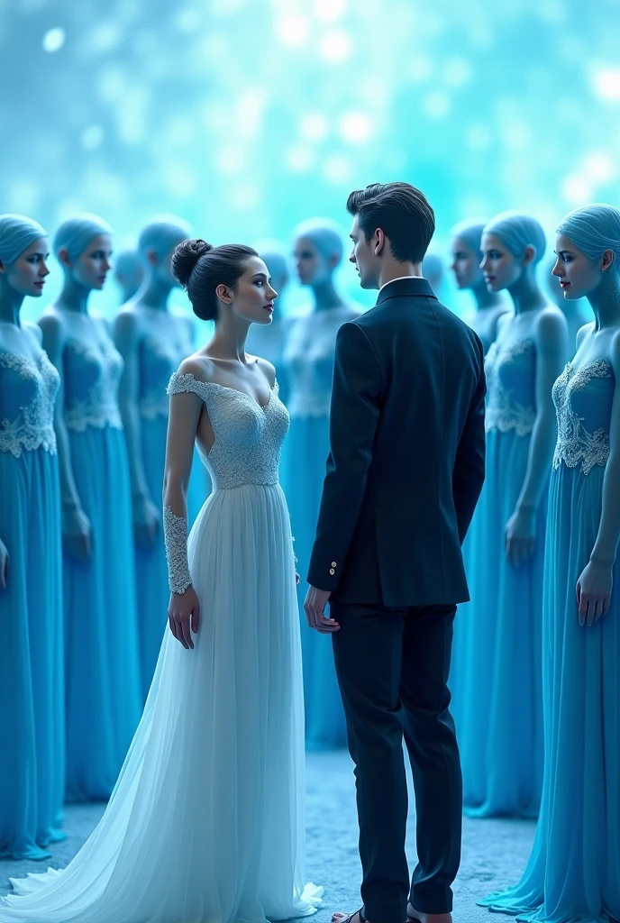 Group of blue people in the middle is a woman in a white dress and a man in a black dress 
