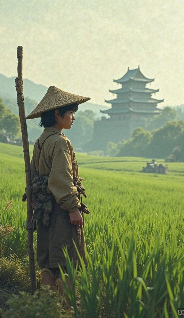 "A young peasant boy in 16th century Japan, holding a wooden staff, standing in a rice field, distant view of a Japanese castle, historical atmosphere,