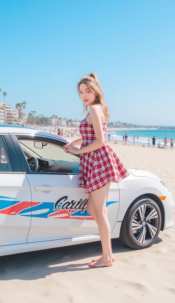 Distant woman waving flag in miniskirt bikini、Car racing、Female sexy、爆乳、the chest is protruding、