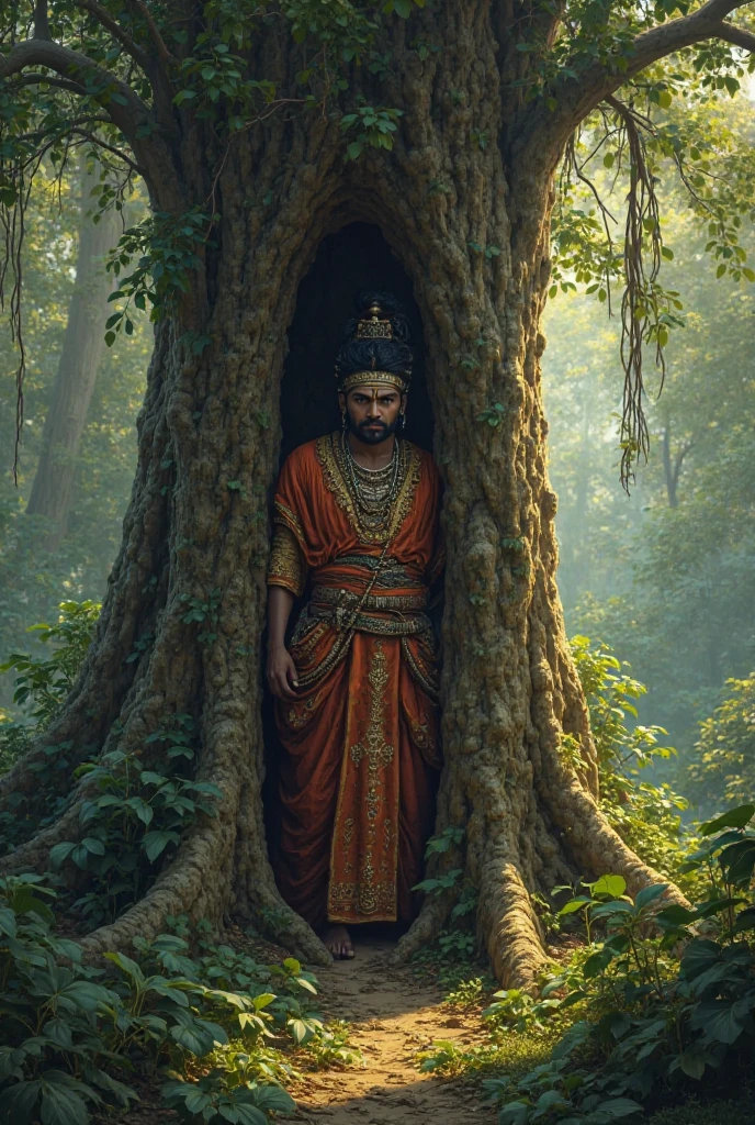 In the heart of an ancient forest, under the canopy of towering trees, Hanuman and Bali stand facing each other. Hanuman, the devoted disciple of Lord Rama, exudes a calm determination, his eyes reflecting unwavering loyalty. Bali, the mighty king of Kishti, embodies strength and regal poise, his presence commanding respect. Around them, the forest hums with an aura of reverence, as if nature itself holds its breath in awe of their profound friendship and formidable prowess. Amidst the tranquil setting, symbols of their warrior lineage and spiritual significance emerge subtly, woven into the fabric of the ancient Ramayana tale.