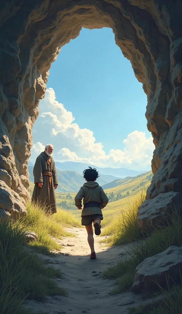 ren run from inside a cave to the outside with their backs to the cave and outside a grandfather