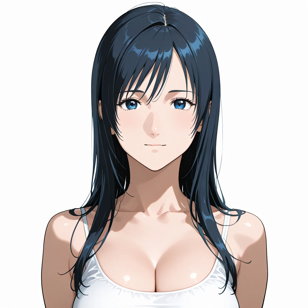 Simple White Background,
Black top,bare shoulders, collarbone, cleavage, 
<lora:Alex_Benedetto_Gangsta-KK77-V1:0.7>,
black eyes, black hair,bangs,Long hair,
<lora:Oda_Non_Style-KK77-V2:0.3>,<lora:more_details:0.1>,
1 girl, 20yo,Young female,Beautiful Finger,Beautiful long legs,Beautiful body,
Beautiful Nose,Beautiful character design, perfect eyes, perfect face,expressive eyes,perfect balance,
looking at viewer,(Focus on her face),closed mouth, (innocent_big_eyes:1.0),(Light_Smile:0.3),
official art,extremely detailed CG unity 8k wallpaper, perfect lighting,Colorful, Bright_Front_face_Lighting,Shiny skin,
(masterpiece:1.0),(best_quality:1.0), ultra high res,4K,ultra-detailed,
photography, 8K, HDR, highres, absurdres:1.2, Kodak portra 400, film grain, blurry background, bokeh:1.2, lens flare, (vibrant_color:1.2),professional photograph,
(Beautiful,large_Breasts:1.4), (beautiful_face:1.5),(narrow_waist),