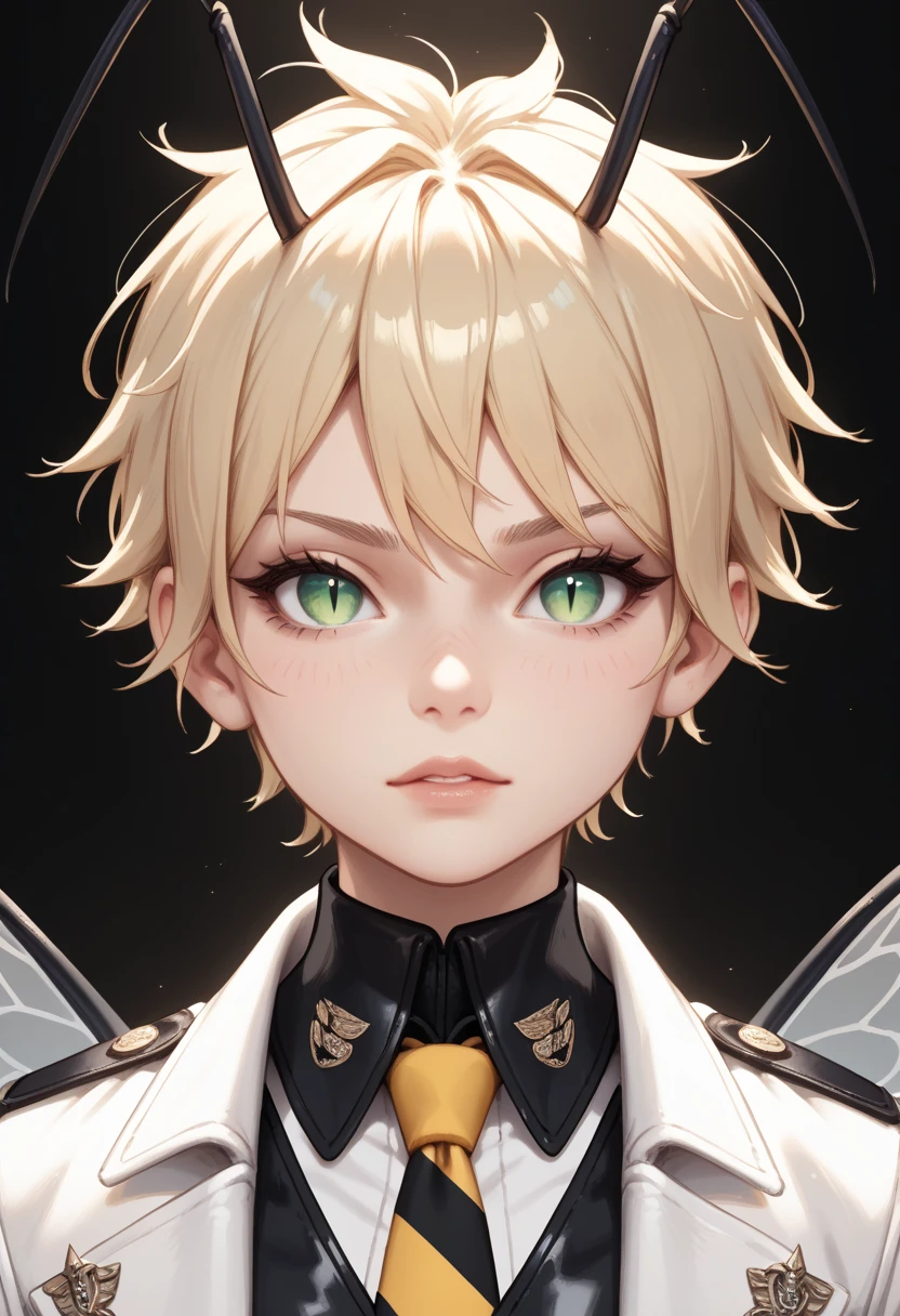 top quality,Ultra Fine,,boyish,Tomboy,shortcuts,Blonde beige hair,A bee's sense of touch on the head, an insect's black antennae,bee wings on the back, Leather Belt,black military uniform,white shirt inside,black long pants,slit pupils,seven heads tall,wearing yellow and black striped ties,black gloves,black boots,green eyes,Black eyes,Keep your bangs down,white coat with yellow and black stripes on the sleeves,cool pose, up,face up