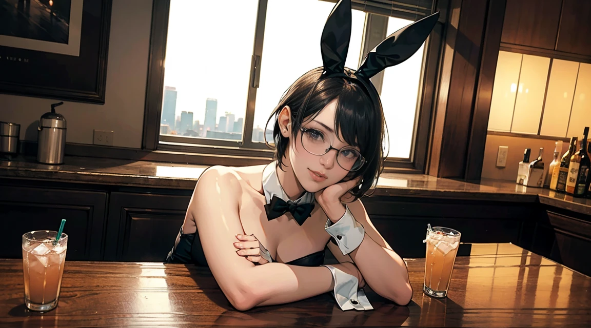1japanese lady, beautiful lady,solo,(8k, RAW photo, best quality, masterpiece:1.2),(current, Realistically:1.37),(very detailed installation :1.1),(A smile),Shooting on the retrobar,black rabbit ears,(Night view of Tokyo from large windows),wrist cuffs,bar counter,bunny girl bartender,Anatomically correct,pixie cut,black rimmed eye glass,(looking at viewer),Moody Lighting,dramatick angle,upper body,Drinks at the bar counter