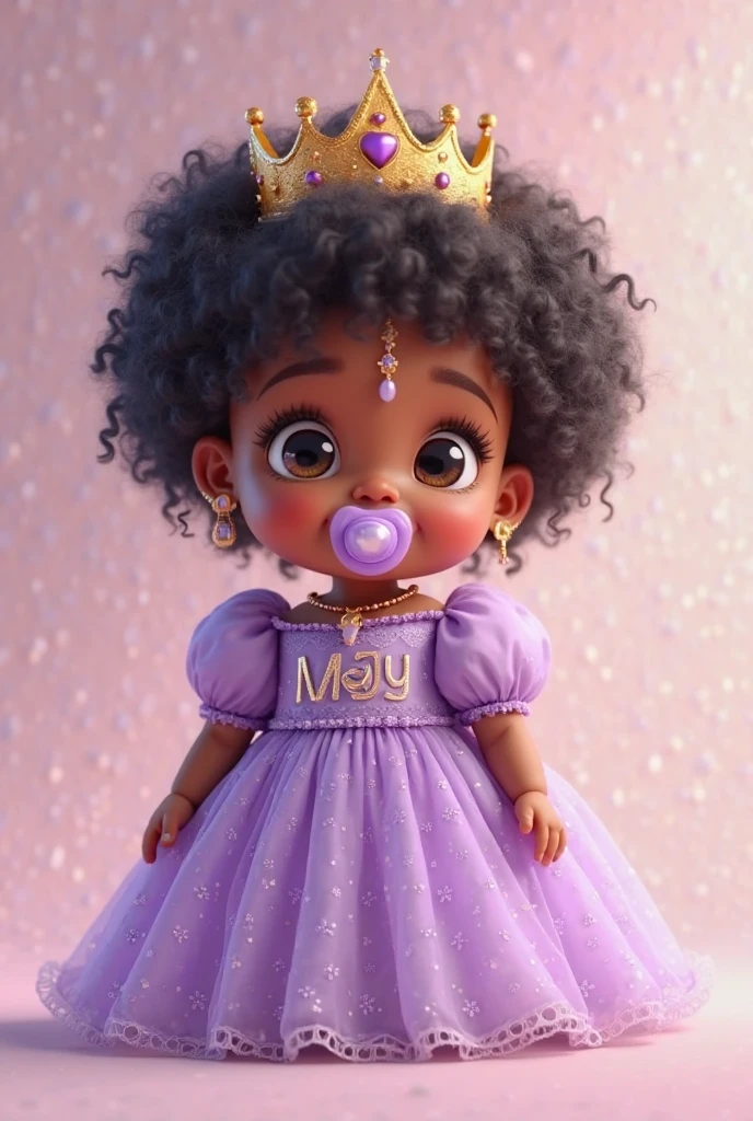 An ebony black 2yrs old baby girl wearing purple ball gown sitting on a the bed 