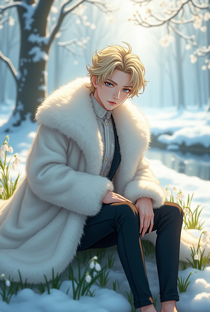 anime man, manhwa drawing, blonde, grey eyes, elegant hairstyle, detailed hair, medium-lenght hair, in fluffy white fur coat, sitting on grass under snow, snowdrops, creak, grass, ???? feet, white top