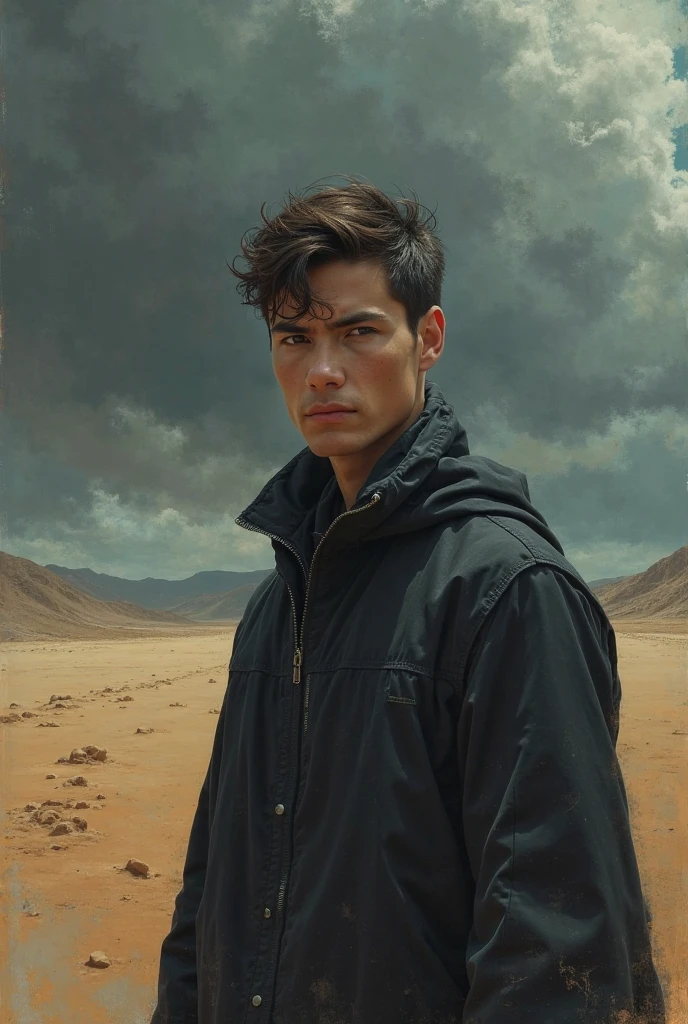:A mysterious young man stands in the middle of a vast desert under a dark and stormy sky, cinematic atmosphere, The face is exactly the real person without any modification, No changes to the face