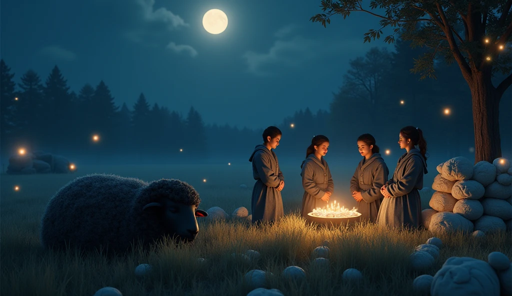 A peaceful moonlit meadow with a sleepy black sheep under a glowing full moon. The bags of wool are stacked neatly nearby. The master, dame, and  are gently lit by lanterns as they quietly receive their wool, dressed in night robes. Fireflies dance in the dark, calm atmosphere.