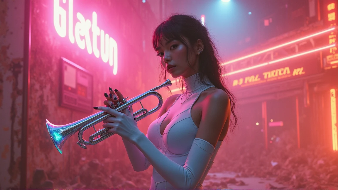 a woman playing a trumpet。White、20th Generation。covered in bright pink and orange neon rays、I'm wearing a white bodysuit with a futuristic design。the hair is arranged slightly to the left in the center of the frame。The skin is smooth、with a geometric pattern drawn、it seems to be integrated with the bodysuit。the face has a gentle expression、looking straight ahead。Slender、A well-trained figure。 slightly irritated、the chest is deeply open。long black nails on the fingertips。A woman's body 、I'm wearing a white bodysuit with a futuristic design。the reflection and contrast of light、enhances the digital atmosphere and futuristic design。The atmosphere is cool,、 Stylish 。
New Tokyo 2087、Ruins of the Quantum Club、The trumpet glows on the broken stage。Neon shards float in the fog、trumpet lights up the rubble。the beat of the house echoes from a distance、jazz melancholy fills the air。On the wall「Dancing Through Dimensions」sharp nails on fingertips。