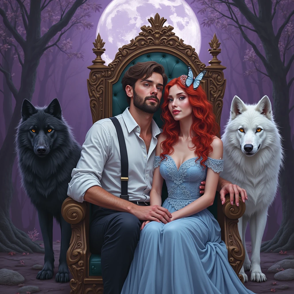A man with short brown hair, Little beard dress up in white shirt suspender and black pants. Seated on a throne with his wife a butterfly crown in his red hair, pastel blue lace dress. Surrounded by black wolves and white wolves. A full moon a purple forest 
