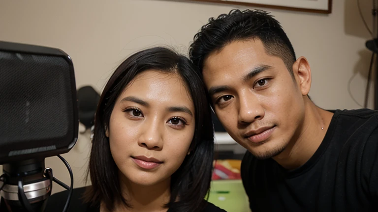 (8K, RAW Photos, Photography, Highest Quality, Intricate Details), Medium shot of a 30 year old indonesian man, kinda fat muscle, nature skin, induction cut hair, wearing a jeans jacket, glasses, side by side with a 25 year old indonesian woman with long hair, wearing blazer clothes, eye to camera, selfie photo, with city light background