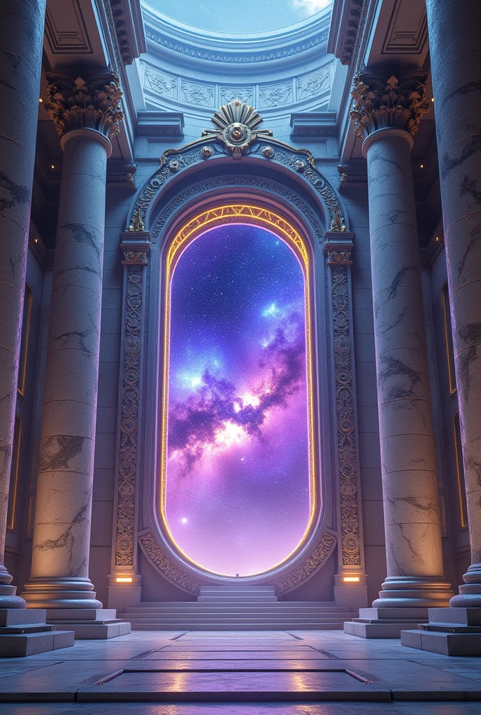 A grand fusion of ancient Roman architecture and futuristic design, featuring towering marble structures with intricate engravings, adorned with glowing high-tech accents. The scene is set in a vast plaza with colossal columns, arches, and floating platforms, blending classical elegance with sleek metallic and neon elements. At the center, a massive, ornate portal hums with energy, its frame carved with Roman motifs intertwined with advanced circuitry. Through the portal, a breathtaking cosmic vista unfolds—vibrant galaxies swirl in vivid hues of purple, blue, and gold, with distant stars and nebulae creating a mesmerizing contrast against the ancient yet futuristic surroundings. The atmosphere is majestic, with soft ambient light casting an ethereal glow, merging the past and future in a single awe-inspiring vision.