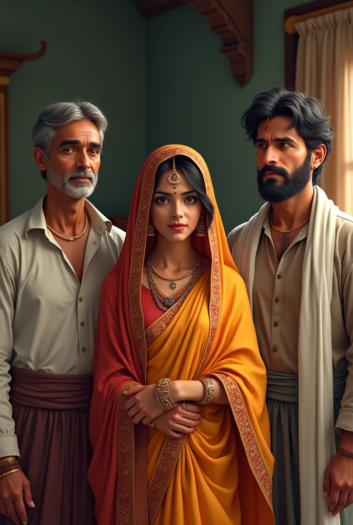 "A realistic image of a beautiful Indian young girl with long brown hair and large expressive eyes, standing close to an adult Indian man. The girl has a serene and romantic expression, highlighting her beauty. They are engaged in a tender, romantic moment, possibly holding hands or looking into each other's eyes, with a background that complements the romantic atmosphere, such as a sunset or a softly lit room."