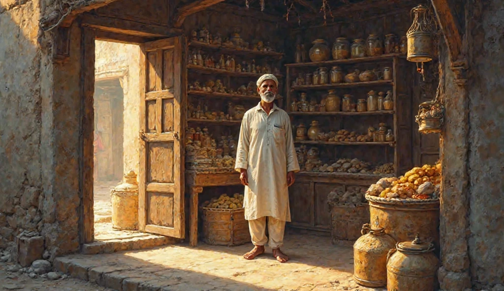 A simple, honest shopkeeper in a small old shop located at the corner of a narrow street in a traditional South Asian town. The shop is filled with basic items like grains, spices, and jars. The shopkeeper is a humble, middle-aged man with a kind face, wearing traditional South Asian attire (kurta-pajama and a cotton cap). It's early morning, soft golden sunlight is entering through the shop's wooden windows. The scene captures a sense of peace, simplicity, and integrity. Style: semi-realistic digital painting, warm tones.