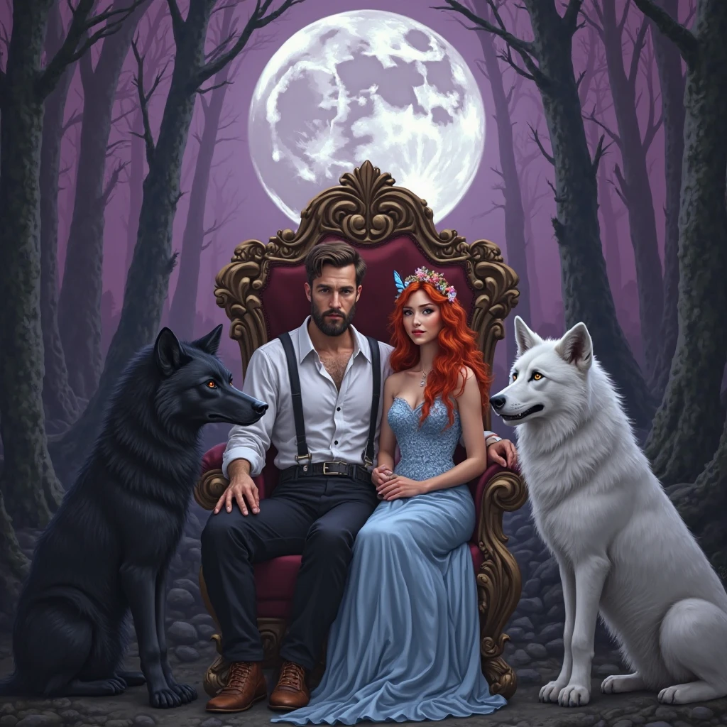 A man with short brown hair, Little beard dress up in white shirt suspender and black pants. Seated on a throne with his wife a butterfly crown in his red hair, pastel blue lace dress. Surrounded by black wolves and white wolves. A full moon a purple forest 
