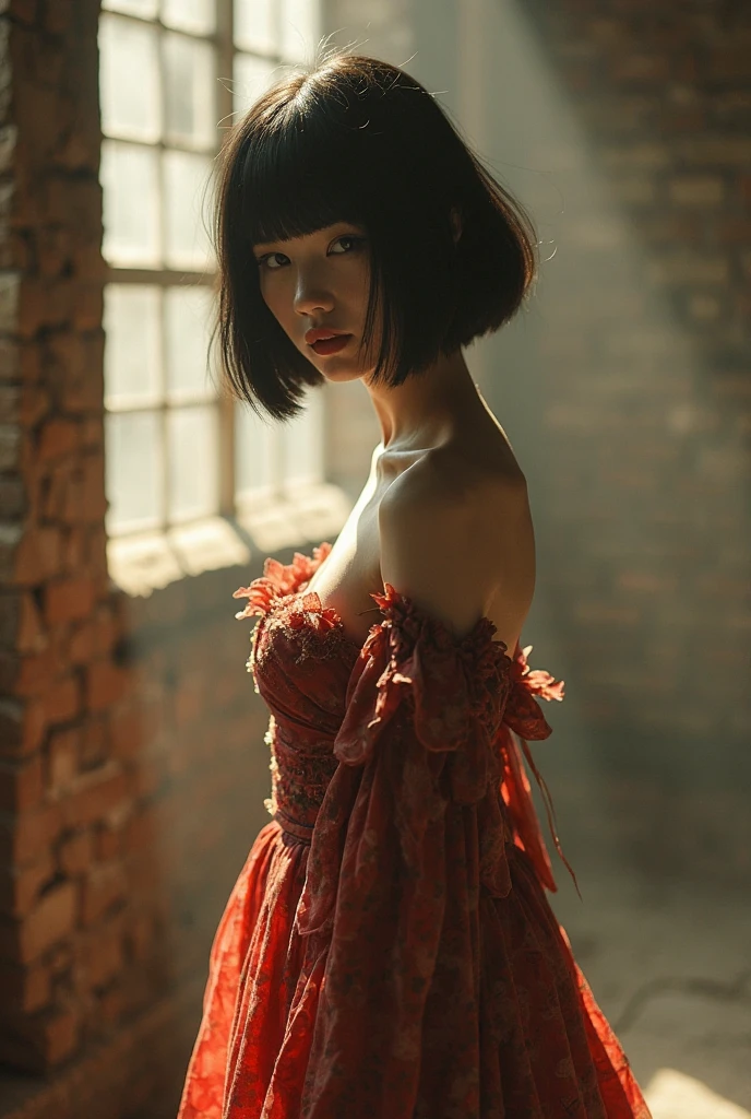 EDITORIAL PHOTOGRAPHY,  Super Detailed Backgrounds  ,Super Real, Shade,depth of field, perfect anatomy、Goddess Amenouzumenomikoto 、full body、cool beauty super slim skinny video, Soft Focus Sepia Tone ,movie scene,It was transparent,Wabi-sabi,Shioriness,looking at the camera、Nipples、Geometric model witch costume,is looking away at the female genitals,  Super Short Straight Bob Hairstyle ,Japanese Mythology Worldview 、natural light、Heaven Realm