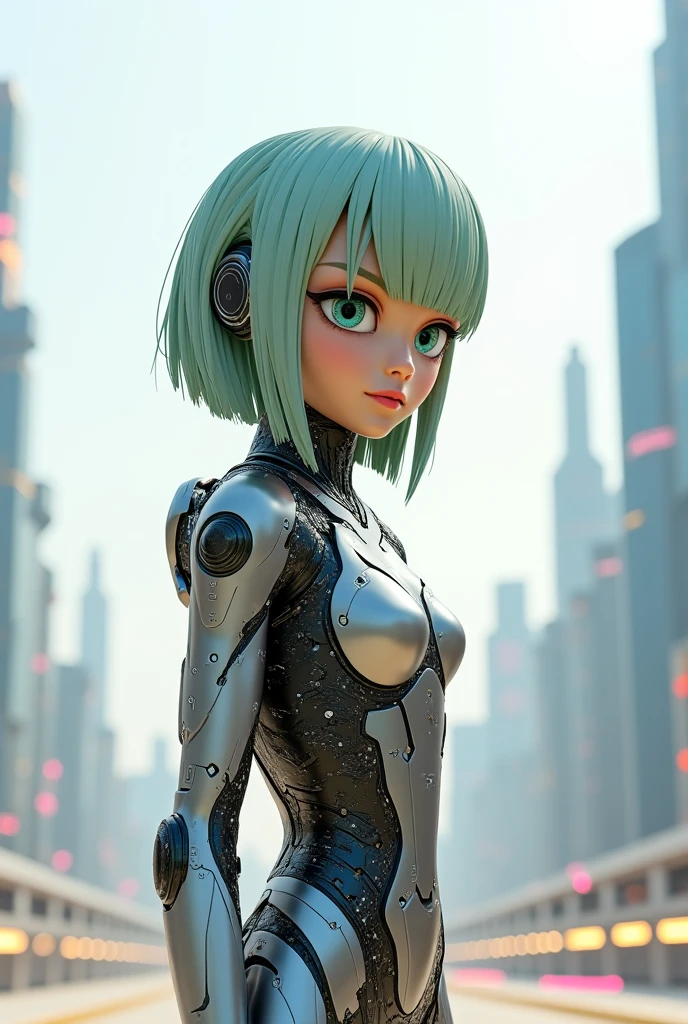 RoboFortune,crop top,yellow slit pupils,cat tail,robot animal ears,navel,standing,upper body,serious,underboob,(insanely detailed, beautiful detailed face, masterpiece, best quality),<lora:RoboFortune-10v7:0.7>,outside,building,