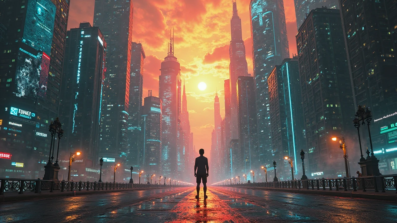 Tom finds himself standing in the center of a vast dream city he created—skyscrapers sculpted from memory, skies painted with imagination, streets paved with hood wishes. He raises his hand to shift the sun, a trick he’s done many times before. But nothing happens. He concentrates harder, trying to fly—but instead his feet sink into the ground. The city begins to glitch. Walls melt into static. Familiar faces walk by with empty eyes. A  cries, but the sound is reversed. He shouts: “I’m in control!” The sky cracks like glass. Shadows begin to rise from corners, crawling, not attacking, but watching. His heartbeat pounds louder than thunder. He turns to run—but the city bends with him, folding like paper, no exit, no edge. Camera: spinning dolly shot as buildings distort and twist, rapid sound cuts between silence and distortion. Palette: glitch white, static black, nightmare neon, blood-orange sky.