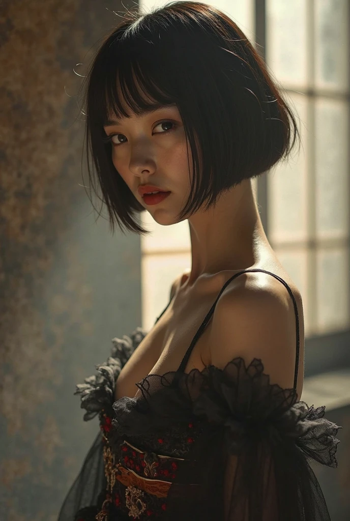 EDITORIAL PHOTOGRAPHY,  Super Detailed Backgrounds  ,Super Real, Shade,depth of field, perfect anatomy、Goddess Amenouzumenomikoto 、full body、cool beauty super slim skinny video, Soft Focus Sepia Tone ,movie scene,It was transparent,Wabi-sabi,Shioriness,looking at the camera、Nipples、Geometric model witch costume,is looking away at the female genitals,  Super Short Straight Bob Hairstyle ,Japanese Mythology Worldview 、natural light、Heaven Realm