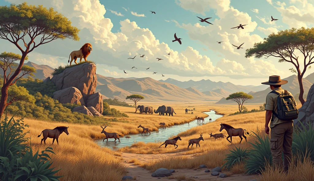 {Wide-angle cartoon illustration}, {distant panoramic shot} of a rugged, untamed savanna near a wild, winding river with rocky banks, featuring diverse wildlife across the vast terrain. A roaring lion stands majestically atop a jagged rock formation, a herd of elephants trudges through tall dry grass, antlered deer leap through dense underbrush, and a free galloping horse runs near the river’s edge. Birds of prey soar in the dramatic sky, their dark silhouettes contrasting swirling clouds. In the distance, a rugged zoologist in {khaki safari shirt, torn cargo pants, hiking boots, wide-brimmed hat} crouches behind a bush, binoculars around neck, small worn backpack beside them. Background: {gnarled trees, thorny bushes, distant rugged mountains}, all under a wild, cloud-filled sky. {Smooth, clean lines}, {earthy, harmonious color palette}, {stylized proportions}, flat design with {subtle depth via layering}. 
Style: {cartoon landscape}, {studio Ghibli inspired}, {Don Bluth influence}, {adventure storybook vibe}, crisp outlines, simplified details. 
Lighting: {warm, golden hour tones}, ambient sunlight from the side. 
Camera: {ultra-wide shot}, {distant observer perspective}. 
Resolution: {high-detail 4K}, {vector clarity}, {vibrant saturation}, {crisp edges}.

