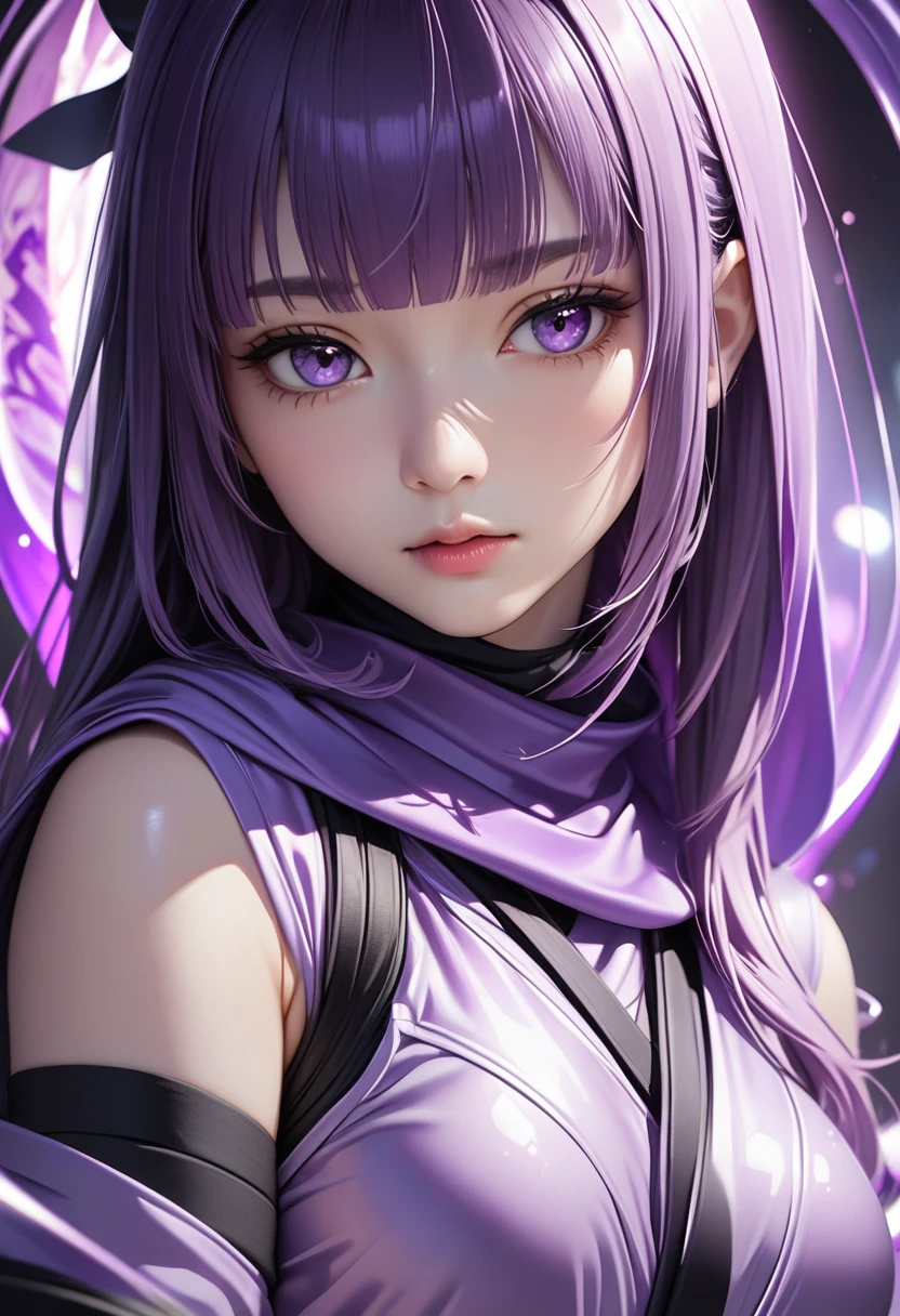 ultra detailed, absolutely resolution, masterpiece, highly detailed, sharp focus, vivid colors, soft lighting, cinematic composition, cute female ninja, light purple glossy silky flowing high layered one side tail, blunt bangs, wearing light purple ninja costume, extremely delicate depiction, extremely clear image, 2.5D, artistic photography, hyper realistic