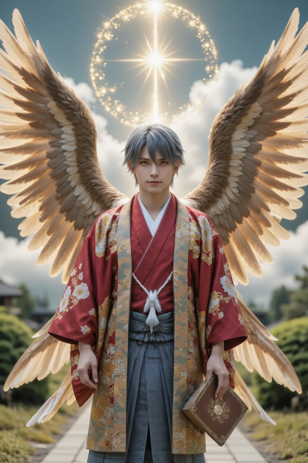 A majestic male archangel clad in an elegant kimono inspired by traditional Japanese design. His kimono features intricate golden embroidery of phoenixes and sakura blossoms, flowing gracefully in the wind. He has six large, radiant wings that shimmer with iridescent light, spreading outward in divine symmetry. The archangel's face is calm and noble, with sharp features and glowing golden eyes. A soft, celestial light surrounds him, giving off a powerful and godlike aura. In one hand, he gently holds an ancient book bound in leather and glowing with holy symbols. The background is a divine sky filled with clouds and light beams, evoking a sense of heavenly presence. Ultra-realistic style, cinematic lighting, 8k resolution, dramatic atmosphere, photorealism, masterpiece.