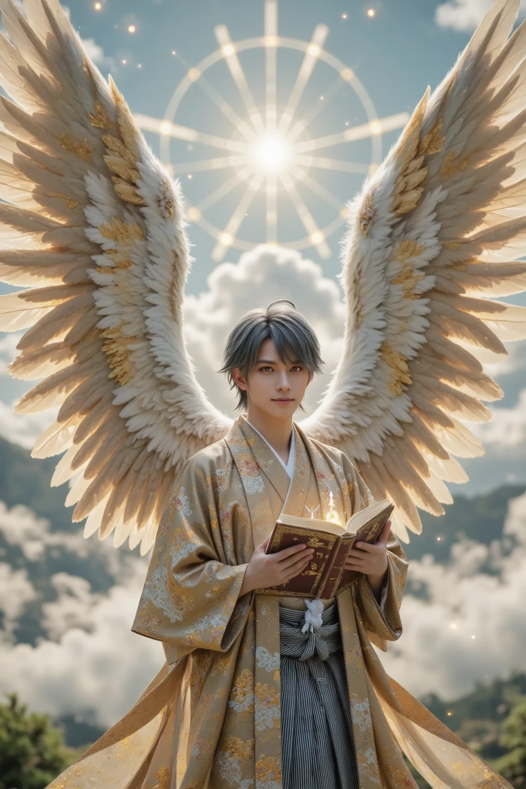 A majestic male archangel clad in an elegant kimono inspired by traditional Japanese design. His kimono features intricate golden embroidery of phoenixes and sakura blossoms, flowing gracefully in the wind. He has six large, radiant wings that shimmer with iridescent light, spreading outward in divine symmetry. The archangel's face is calm and noble, with sharp features and glowing golden eyes. A soft, celestial light surrounds him, giving off a powerful and godlike aura. In one hand, he gently holds an ancient book bound in leather and glowing with holy symbols. The background is a divine sky filled with clouds and light beams, evoking a sense of heavenly presence. Ultra-realistic style, cinematic lighting, 8k resolution, dramatic atmosphere, photorealism, masterpiece.