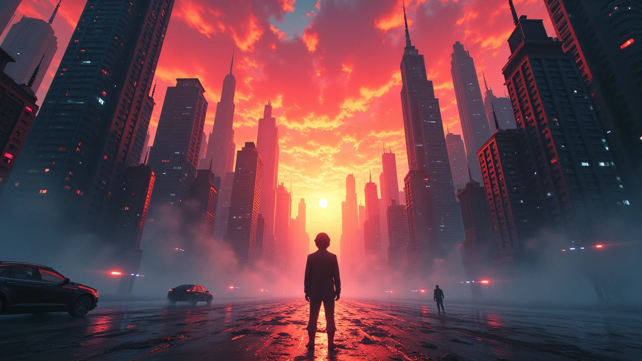 Tom finds himself standing in the center of a vast dream city he created—skyscrapers sculpted from memory, skies painted with imagination, streets paved with hood wishes. He raises his hand to shift the sun, a trick he’s done many times before. But nothing happens. He concentrates harder, trying to fly—but instead his feet sink into the ground. The city begins to glitch. Walls melt into static. Familiar faces walk by with empty eyes. A  cries, but the sound is reversed. He shouts: “I’m in control!” The sky cracks like glass. Shadows begin to rise from corners, crawling, not attacking, but watching. His heartbeat pounds louder than thunder. He turns to run—but the city bends with him, folding like paper, no exit, no edge. Camera: spinning dolly shot as buildings distort and twist, rapid sound cuts between silence and distortion. Palette: glitch white, static black, nightmare neon, blood-orange sky.