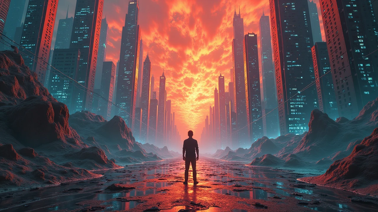 Tom finds himself standing in the center of a vast dream city he created—skyscrapers sculpted from memory, skies painted with imagination, streets paved with hood wishes. He raises his hand to shift the sun, a trick he’s done many times before. But nothing happens. He concentrates harder, trying to fly—but instead his feet sink into the ground. The city begins to glitch. Walls melt into static. Familiar faces walk by with empty eyes. A  cries, but the sound is reversed. He shouts: “I’m in control!” The sky cracks like glass. Shadows begin to rise from corners, crawling, not attacking, but watching. His heartbeat pounds louder than thunder. He turns to run—but the city bends with him, folding like paper, no exit, no edge. Camera: spinning dolly shot as buildings distort and twist, rapid sound cuts between silence and distortion. Palette: glitch white, static black, nightmare neon, blood-orange sky.