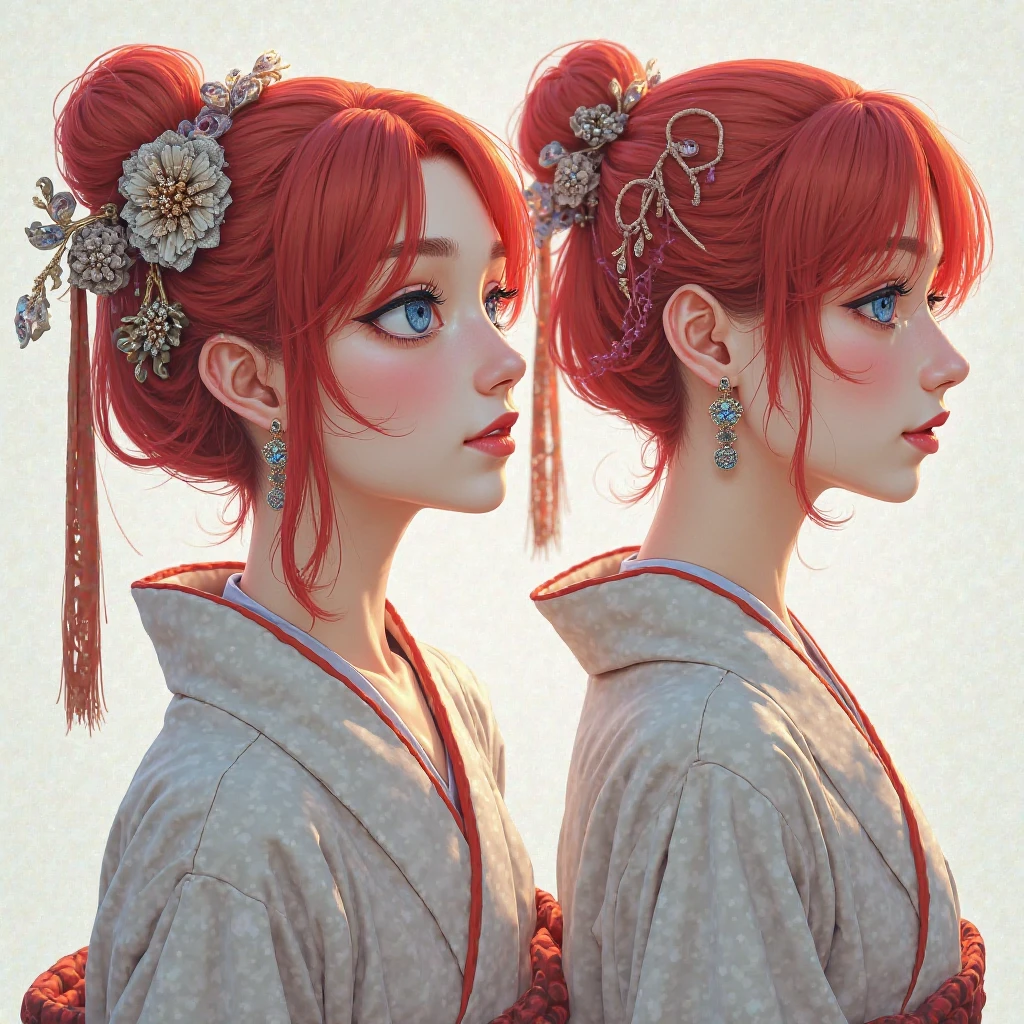 Create an image/Daughter of Tobirama Senju, a tall and beautiful young woman, blue eyes, red hair tied with traditional Japanese accessories, she wears a traditional Japanese kimono in blue and white, her makeup is typical traditional Japanese, she looks stunning.

A Woman, Solo, Long hair, High resolution, ?????, looking at the viewer, Riso, Rubor, Franja, Olhos azuis, Jewel, Brincos, Multiple Views, 