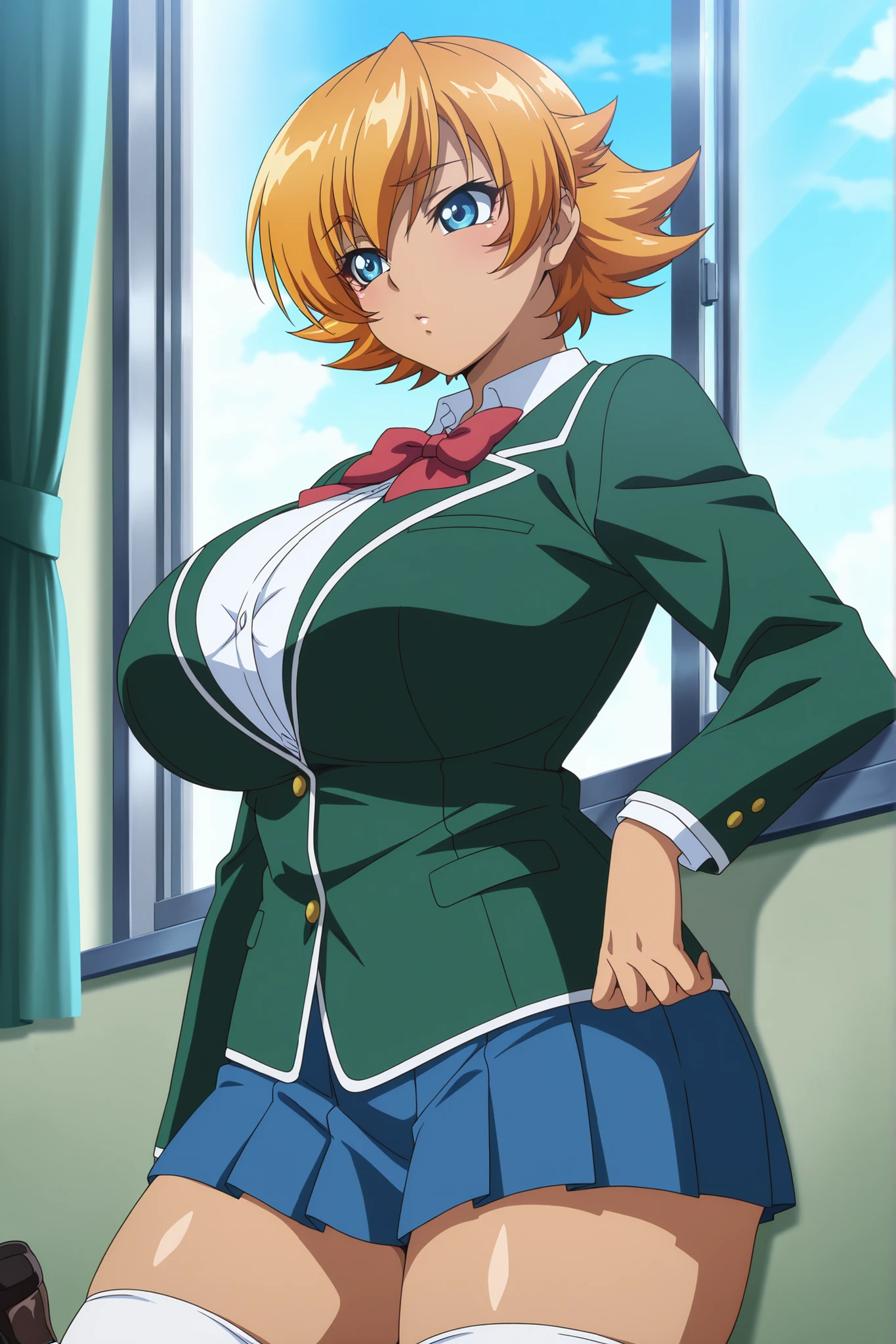 masterpiece,best quality, amazing quality, very aesthetic,anime screencap ,1girl, Igawa Sakura,orange hair, short hair, flipped hair, blue eyes,curvy, huge breasts,school uniform, green jacket, pleated skirt, miniskirt, loafers, white thighhighs, open window, blue skies
