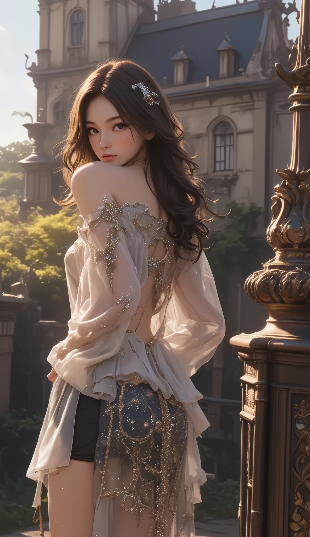 (((( masterpiece)))), (((( top quality)))), ((Alfons Maria Mucha master piece)),erotic, sexy, god秘, god, high resolution,soft focus, fine grain, Detailed Faces, Very detailed facial depiction, detailed eyes 、Detailed Faces、detailed hair 、真珠の様に透き通る肌 、Big Breasts、deep cleavage、美しい中世の街並み、transparent long dress、